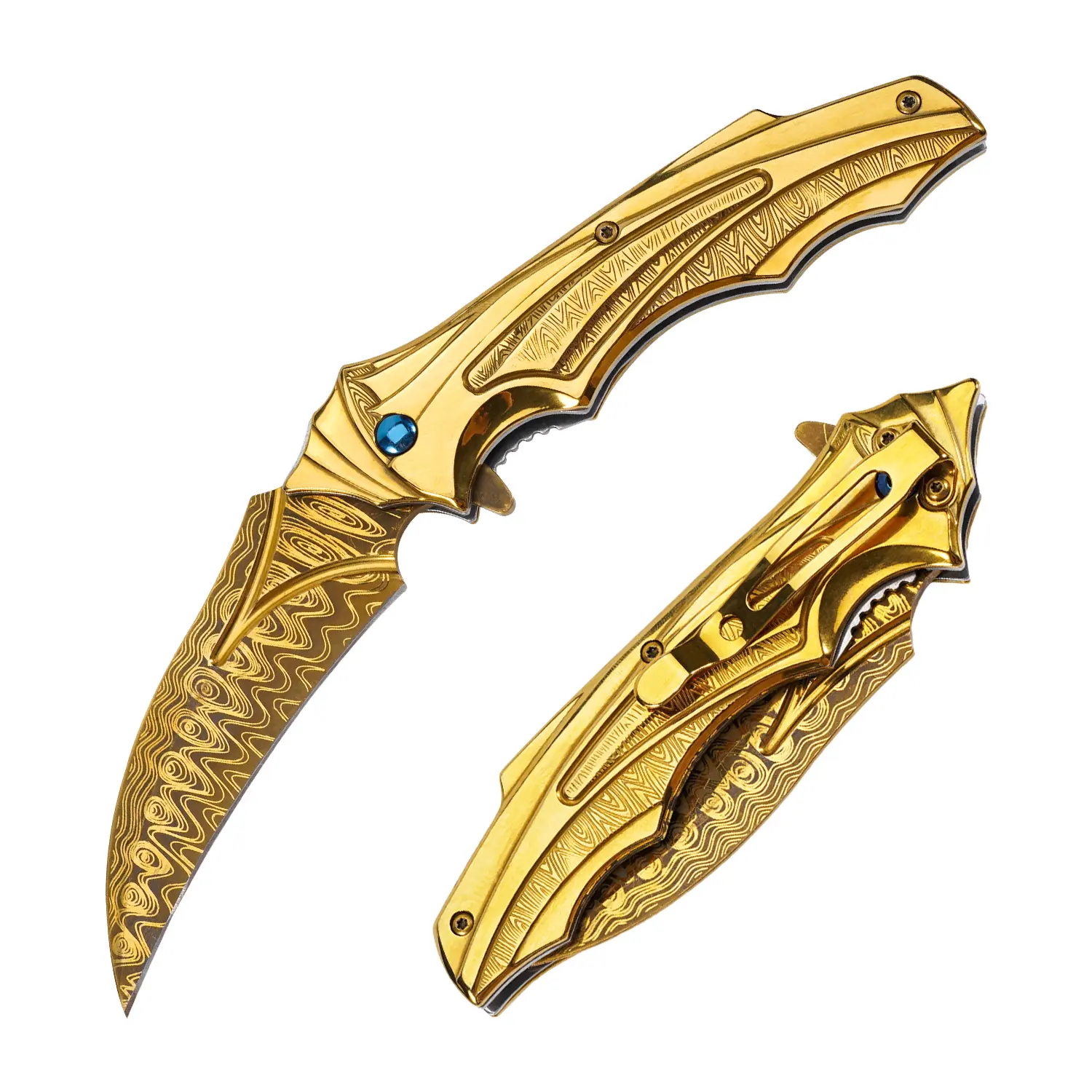 Etched Blade Gold Damascus Pattern Folding Pocket Knife - 8.07" Length, Stainless Steel Handle, Non-Retractable, Pocket Carry, Camping Hiking Hiking/Light Outdoor EDC Utility Knife, Men’s Gift, Golden