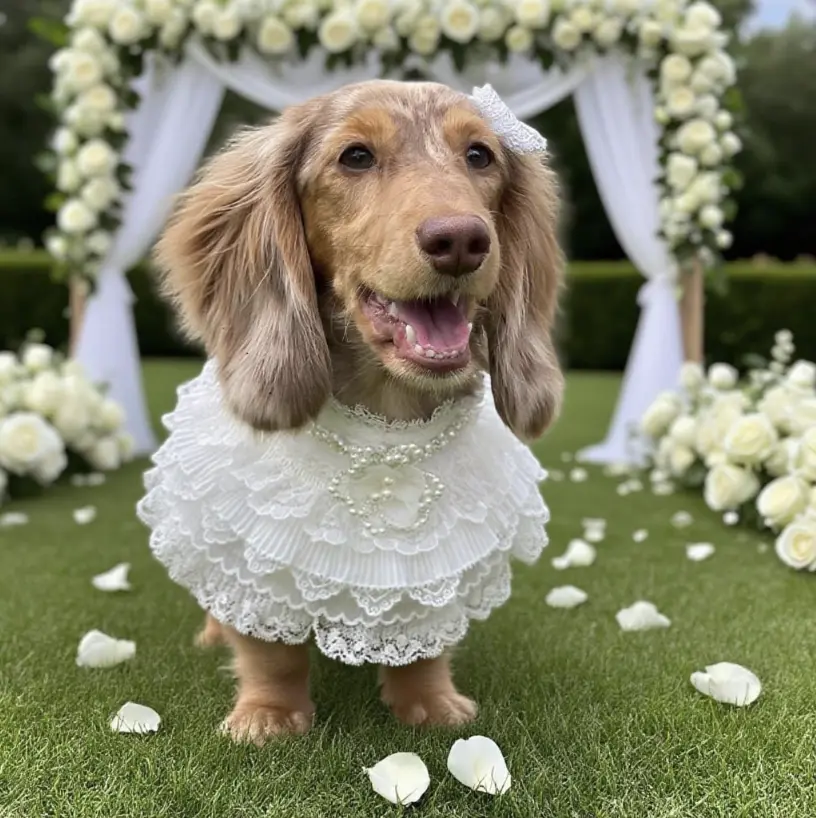 Luko Handmade Elegant Bridal Luxury White Lace Pet Wedding Dress - 2XL Multi-Size All Seasons Outfit with Bandana Collar, Pearl Necklace, Crown for Cats & Dogs, Photoshoot Wear for Everyday Photoshoots Birthday Gift