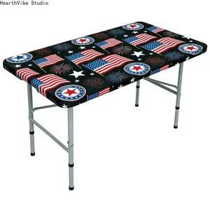 4th of July Independence Day Fitted Tablecloth 4ft 6ft Stretch Table Cover Patriotic American Flag Waterproof Desk Protector for Picnic Party BBQ Decor