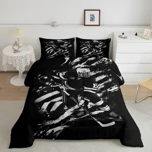Hockey Player Bedding Set for Boys Kids Teens,American Flag Comforter Set,Black and Gray Ice Hockey Ball Game Duvet Insert
