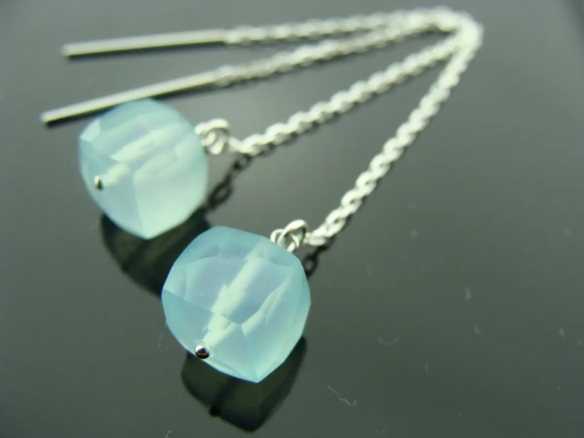 Aqua Blue Chalcedony Ear Thread Earrings · 925 Sterling Silver · Dainty Gemstone Threaders · Minimalist Jewelry Gift for Her