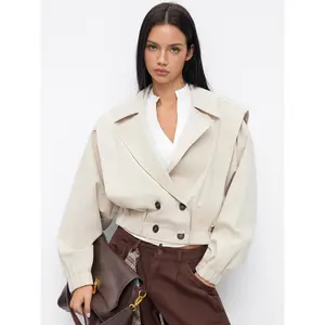 Cider Cotton Notched Collar Double Breasted Elastic Waist Cropped Jacket