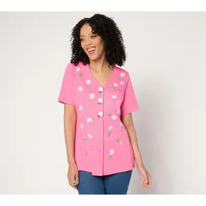 Quacker Factory Field of Daisies Button Cover Short Sleeve Cardigan