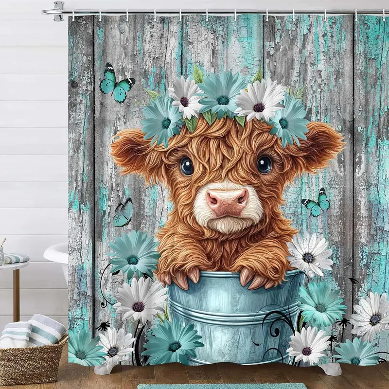 [Back to School] Funny Highland Cow Shower Curtain for Bathroom Decor, Teal Farm Daisy Floral Flowers and Butterfly on Country Wooden Farmhouse Bath Curtain Country Animal Flower Waterproof Hooks
