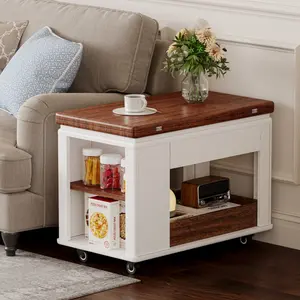 27.6'' Modern End Table Multi-Function Coffee Table Living Room Center Table with Foldable Top & Casters, Multi-tier storage, White & Walnut