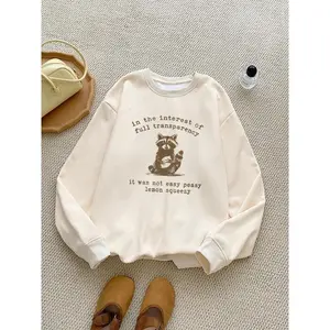 Women's Raccoon & Letter Print Round Neck Thermal-lined pullover sweatshirt with a crew neck and long sleeves—fashionable casual wear for daily outings and holidays, women’s clothing suitable for fall and winter, including hoodie tops.
