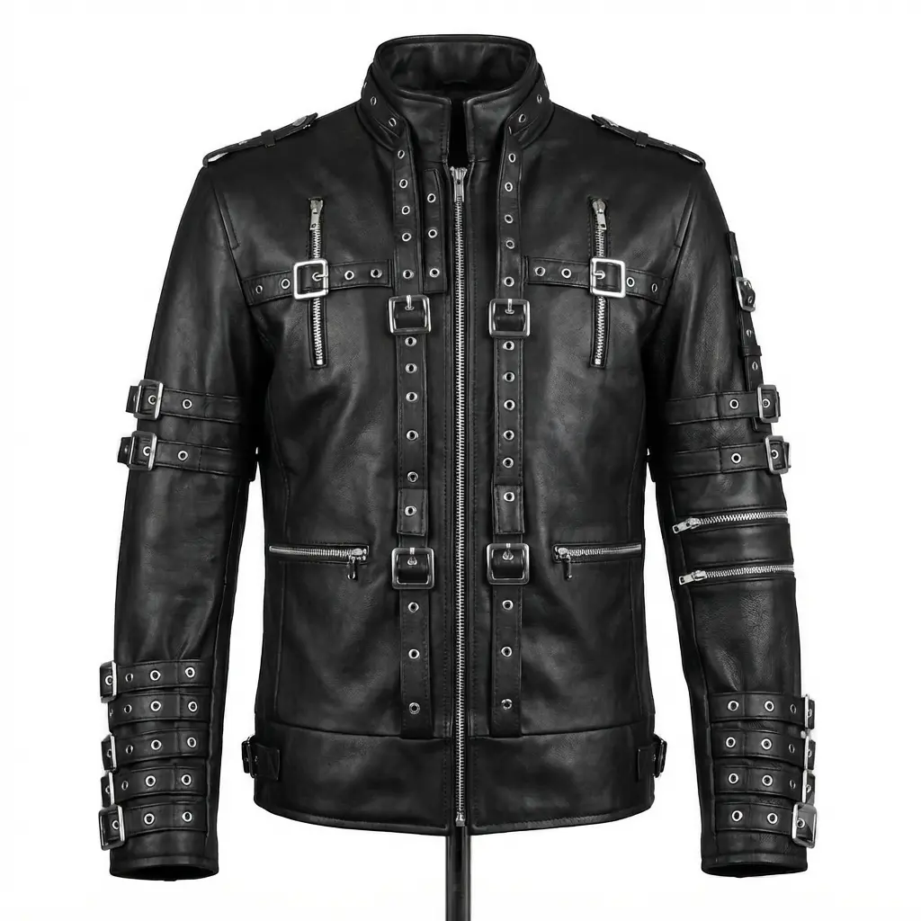 Men's Genuine Leather Motorcycle Jacket, Black Buckle Strap Biker Jacket, Zip Front Moto Jacket with Stand Collar, Gothic Punk Outerwear