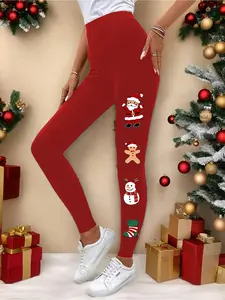 Christmas Print Casual Yoga Running Pants, Elastic Waist Leggings, Comfortable Elastic Tight Fit, Natural Waist Slim-Fitting, Spring & Fall Fashion