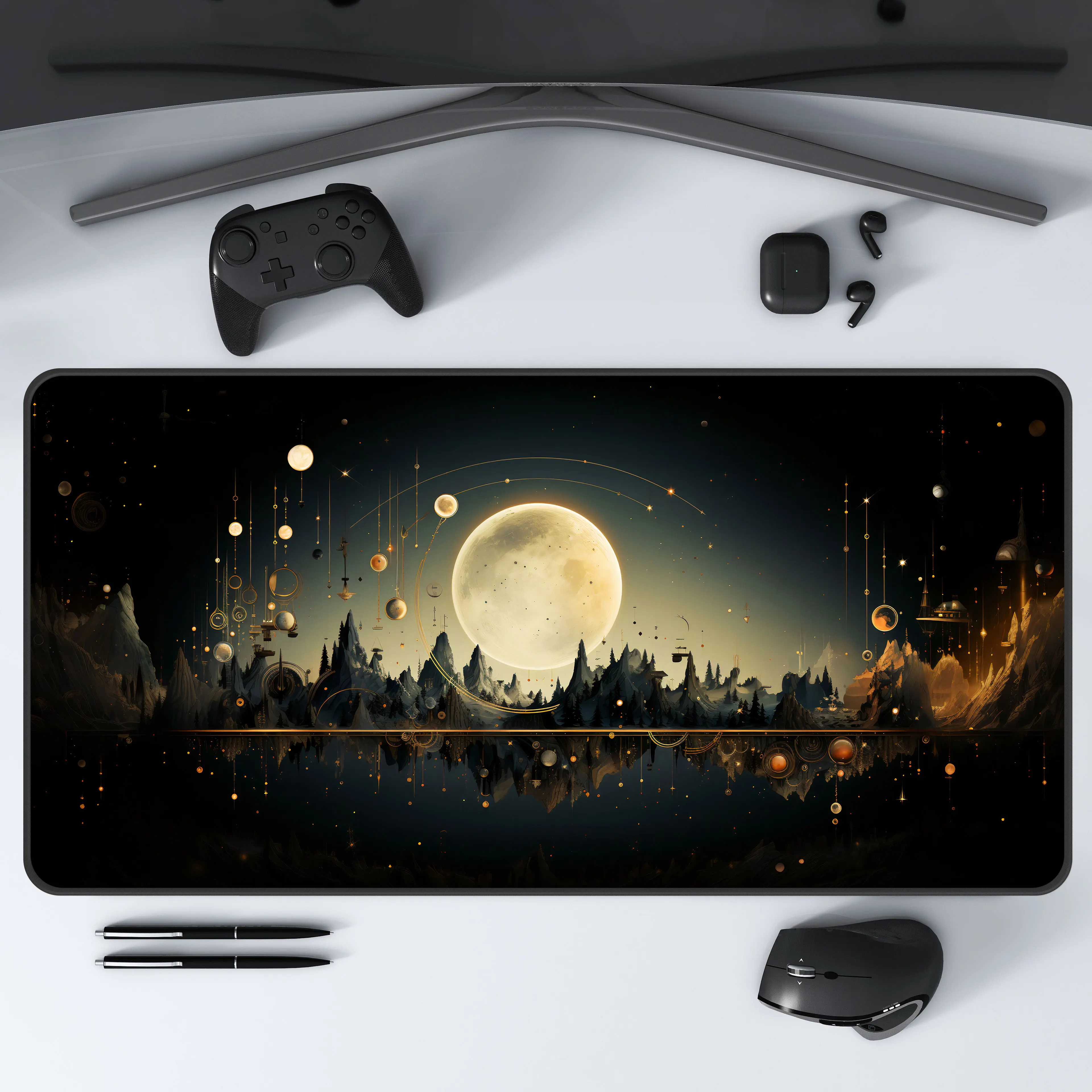 Full Moon Dreamscape Desk Mat, Large Desk Mat with Moon and Night Fantasy Landscape, Gaming Office Decor