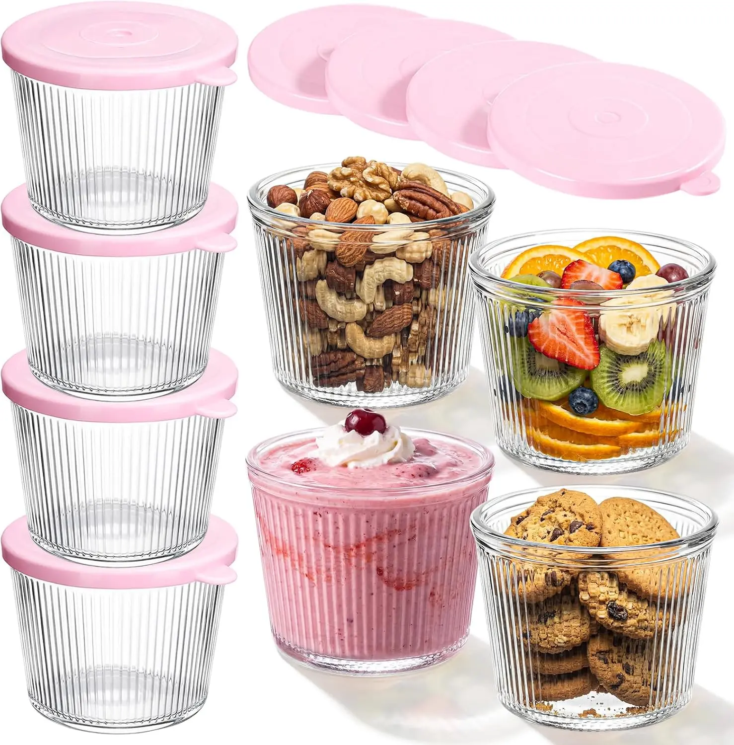 4 Sets Small Glass Bowls with Pink Lids 6.8oz Ribbed Clear Glass Containers Stackable Dessert Custard Pudding Cups Condiment Bowls for Sauces Dips Nuts Oats Candy Dessert Cereal