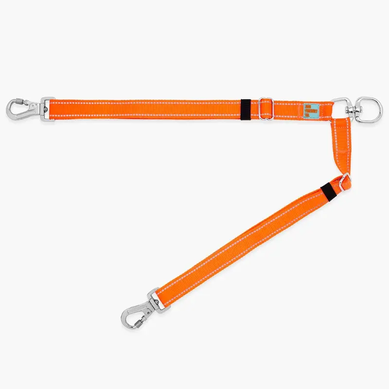 Dog Friendly Co. Solid Double Dog Leash Splitter - 360° Swivel Tangle-Free Coupler, Adjustable Length 16.5-27in (42cm to 68cm), Reflective Webbing Safety, 2 Heavy Duty Clips for Walking