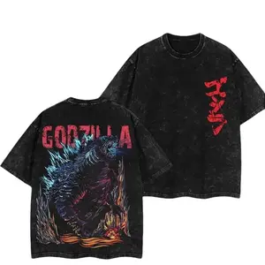 Godzilla Blue Neutron Kaiju Mecha Retro Monster Vintage Washed Double Print Heavyweight Cotton Oversized Tee Unisex Casual Gym Daily Street Top Matching With Cap Chain Belt Fashion Accessories For Adult Men Women