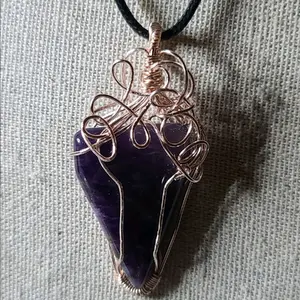 Natural Amethyst Crystal Pendant Wire Wrapped & Cord Necklace 24"
