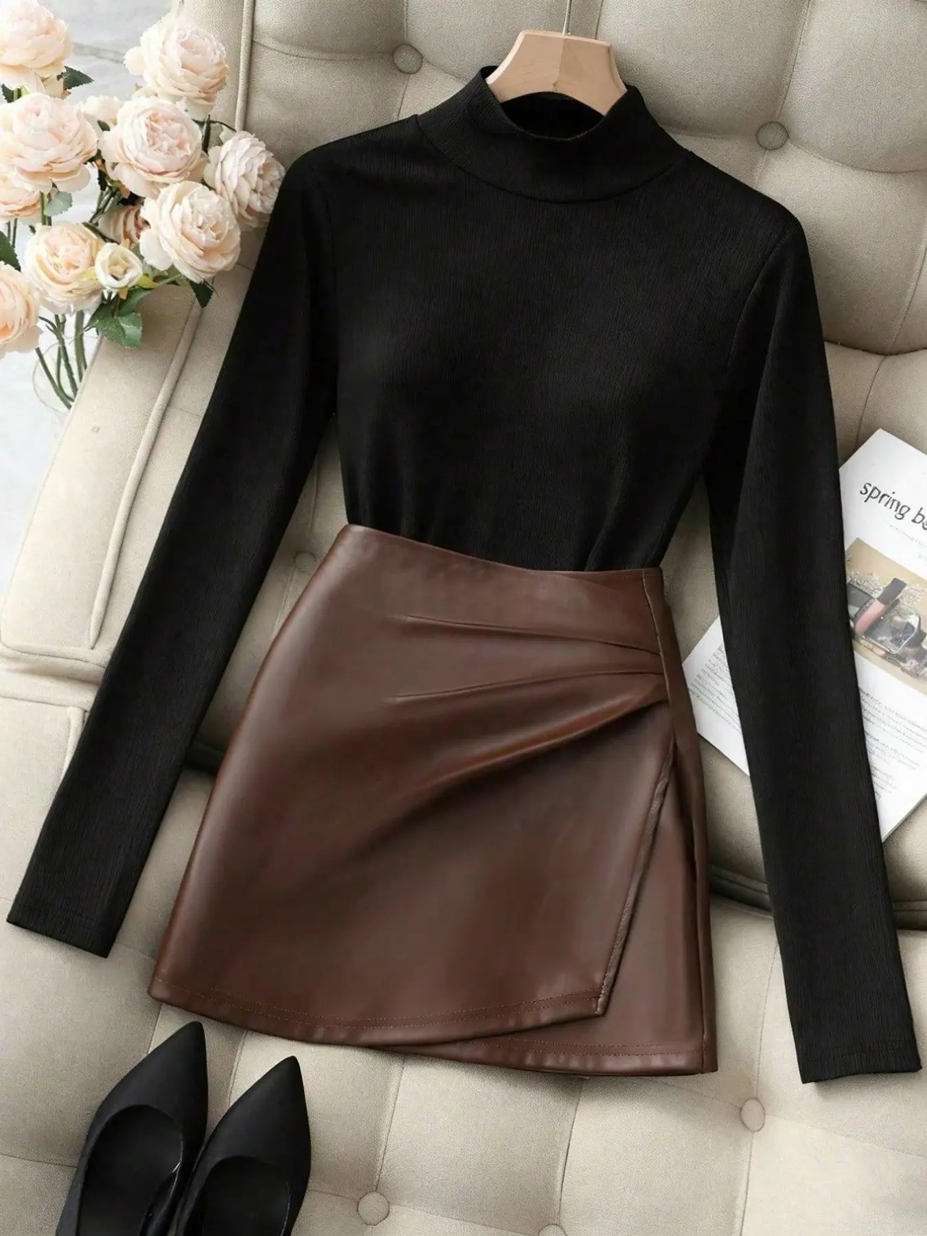 Women's Elegant Chic Casual Knit Turtleneck Commuter Top and Skirt Set Outfit for Fall & Winter, Two-Piece Office Wear, Womenswear, Clothes