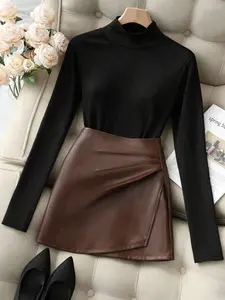 Women's Elegant Knit Commuter Set, Top and Skirt, Fall Winter Fashion, Two-Piece, Office Wear