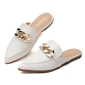 EasySmile Metal Chain Decor Flat Mules for Women Closed Pointed Toe Slip on Loafers Slides Backless Mules Footwear Walking Shoes