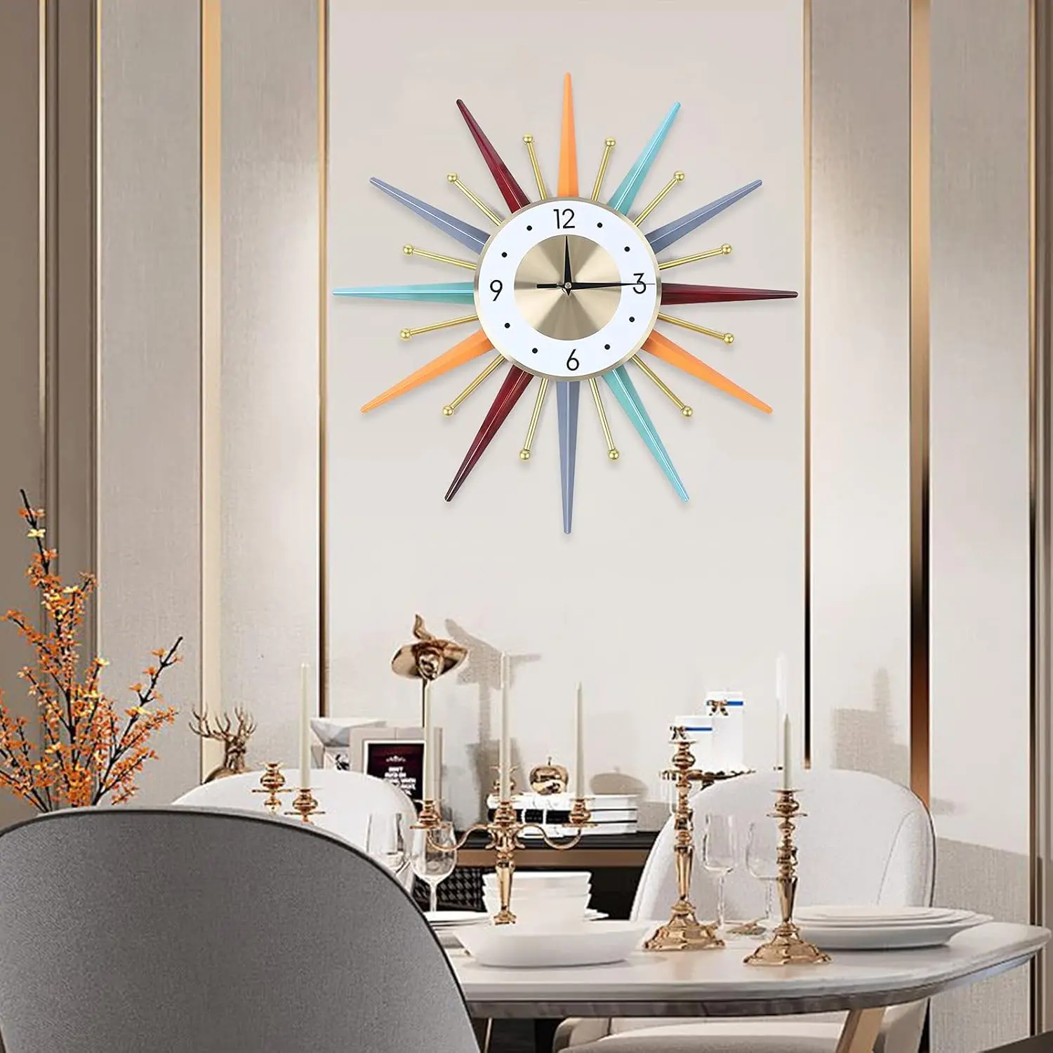 Wall Clock for Living Room Decor, Starburst Decorative Wall Clock, 22 Inch Mid Century Wall Clock, Perfect Wall Art Ornament Modern Clock 22.05 * 22.05 * 1.97in Gold Colorful
