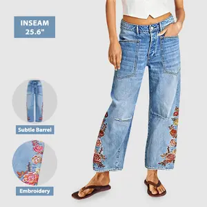 Flamingals Embroidery Side Stitch Detail Mid Waist Barrel Leg Crop Jeans Women's Fashion