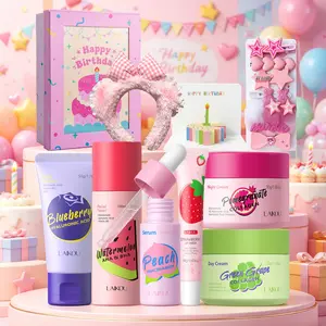 Exclusive Birthday Beauty Box -LAIKOU Fruit Skincare Gift Set for Teenage Girls & Women - 6-Step Hydrating Beauty Box with Blueberry Cleanser, Watermelon AHA Toner, Peach Serum, Day/Night Creams & Lip Mask - Includes Headband & Card
