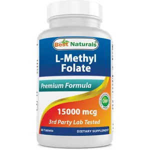 Best Naturals L-Methyl Folate 15000 mcg 60 Tablets Non-GMO Gluten-Free Dietary Supplement Made in USA Premium Formula 3rd Party Lab Tested