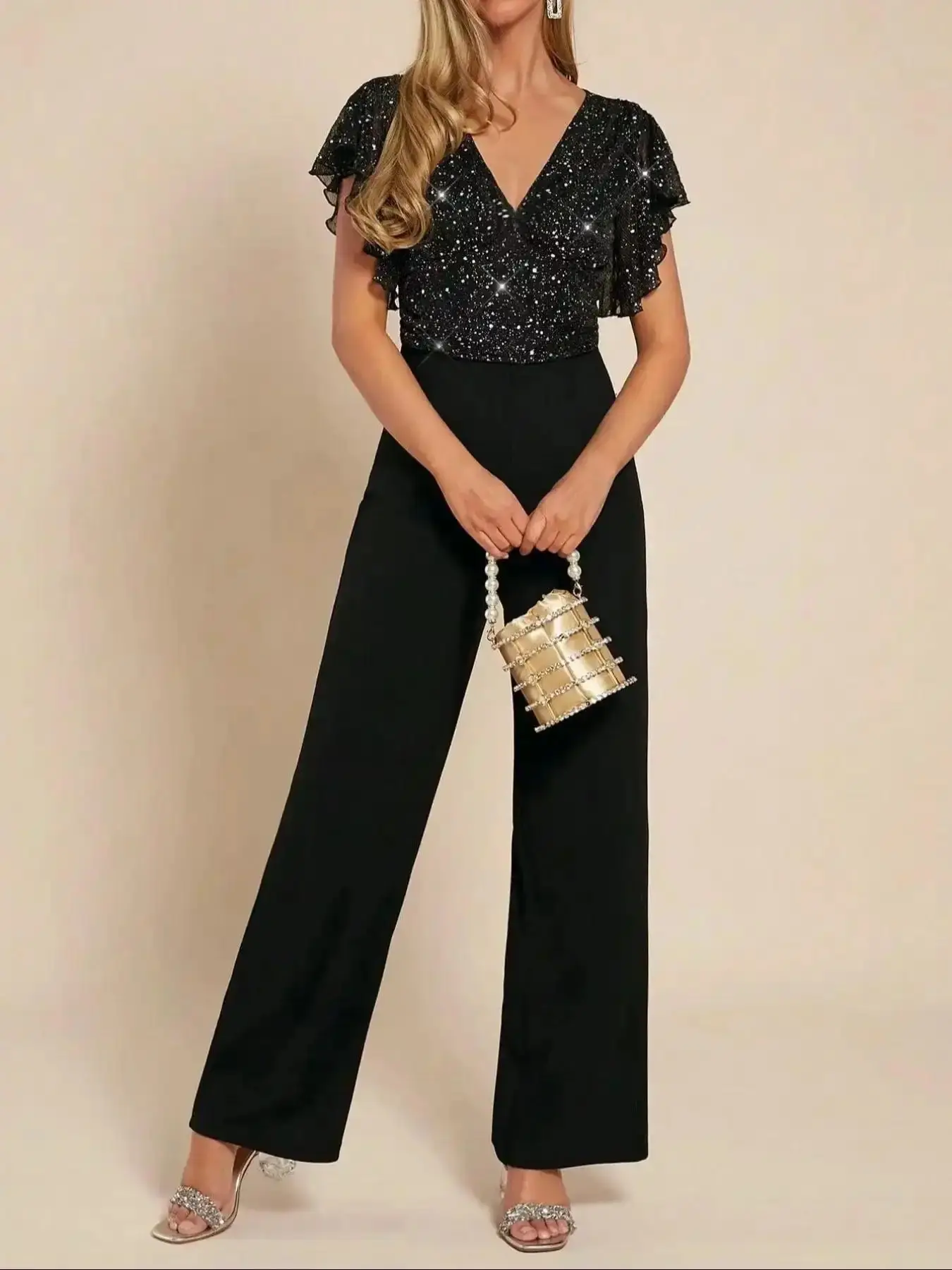 Women's Elegant V-Neck Sequined Ruffle Wide-Leg Jumpsuit, Matte Drapey Romper for Candlelight Dinner Special Occasion Womenswear, evening elegance, stunning presence, graceful flow, romantic detail