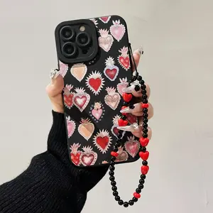 Heart Pattern Phone Case Casing with Chain, Decorative Phone Protector Cover, Phone Accessories Compatible with iPhone 11 12 13 14 15 16 Pro Max Smartphone