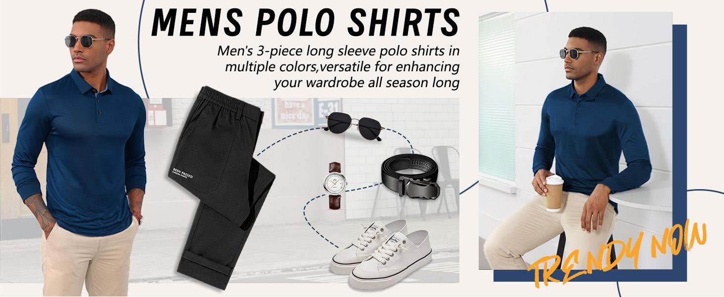 Men’s Long Sleeve Polo Shirt, 3-Pack — Moisture-Wicking Golf/Business Travel Casual Turn-Down Collar Shirt Block Color Dry Quick