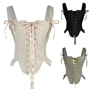 Medieval Renaissance Corset Women Tops Vintage Bustier Crop Tops Lace Up Corset Black White Bodice Tanks Camisole For Women