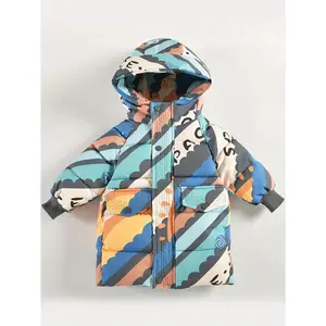 Boys' Colorful Geometric Print Hooded Winter Jacket - Thick Polyester Coat with Pockets, Vibrant Blue, Orange & White Design, Casual Style for Youngsters & Youngsters, Boy Jacket