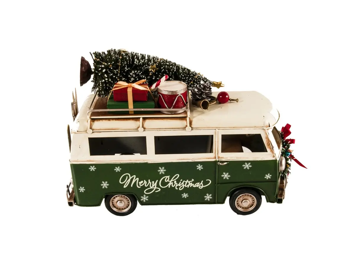 360 Stand 360-Degree Rotatable Handmade Vintage 1960s Retro Metal Christmas Bus Sculpture - Festive Christmas Decorations, Home Office Decor for Desk, Library, Ideal Retro Van Themed Holiday Gift, Festive Decorations, Decorative Ornaments