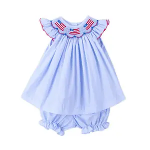 Light Blue Gingham Flag Smocked Bloomer Set - Girls Patriotic Outfit