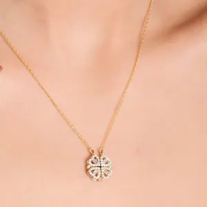 our Leaf Clover Necklace – Magnetic Heart Pendant with Zircon Stone – Lucky Pendant Necklace for Women – Trendy, Dainty Jewelry Gift for Valentine's Day, Mother's Day, Anniversary, Birthday, Girlfriend, Wife, Sister, Loved Ones, Faith & Love Jewelry