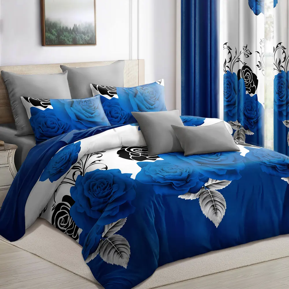 Blue Rose 9-Piece Bedspread Set with 6 Curtains, Lightweight Thin Quilted Bed Cover & Light Filtering Window Drapes, Wrinkle Resistant Microfiber Decor Bedding, Breathable Fade Resistant Washable, Twin Queen King Cal King |NOT Thick Comforter
