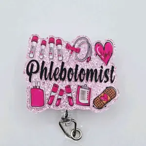 Phlebotomist Pink Glitter Acrylic Retractable Badge ID Reel Belt or Alligator Clip