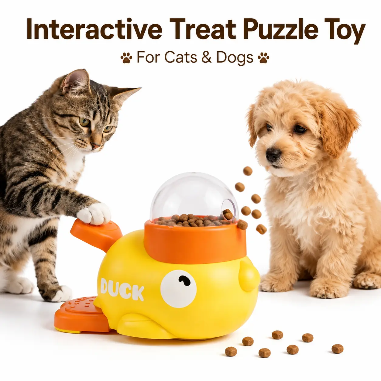 Cat Puzzle Treat Dispenser Toy, Duck Shaped Interactive Slow Feeder for Cats, Small & Medium Dogs, Pet Enrichment IQ Training Feeding Toy, 8.6 Inch Durable Pet Food Toy