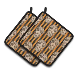 212 MAIN Colorful Fabric Hanging Kitchen Oven Pot Holders, Watercolor Halloween Day of the Dead Head Design, 2-Piece Bakeware Accessory