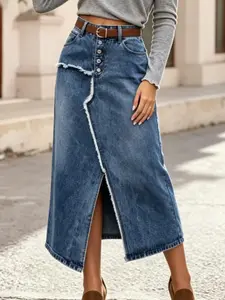 Women's Retro Fringe Button Front Split Denim Skirt, European and American Casual Style, Fashionable Half Skirt for Ladies