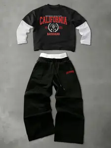 Men's two-piece fashion set, including a Fitted printed long-sleeved T-shirt and trousers, featuring letter, Graphic and small pattern prints.  This sporty Athletic set is suitable for everyday wear, vacations, and outdoor activities.