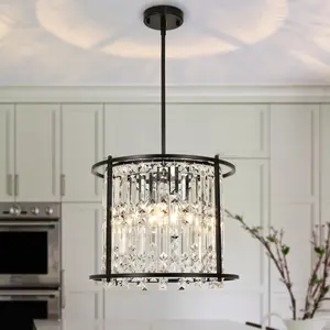 Modern Round Crystal Pendant Light | Farmhouse Chandelier for Kitchen Island Dining Room | Black/Gold/Chrome Finish | Compatible with Flat & Sloped Ceilings, Bulb not included