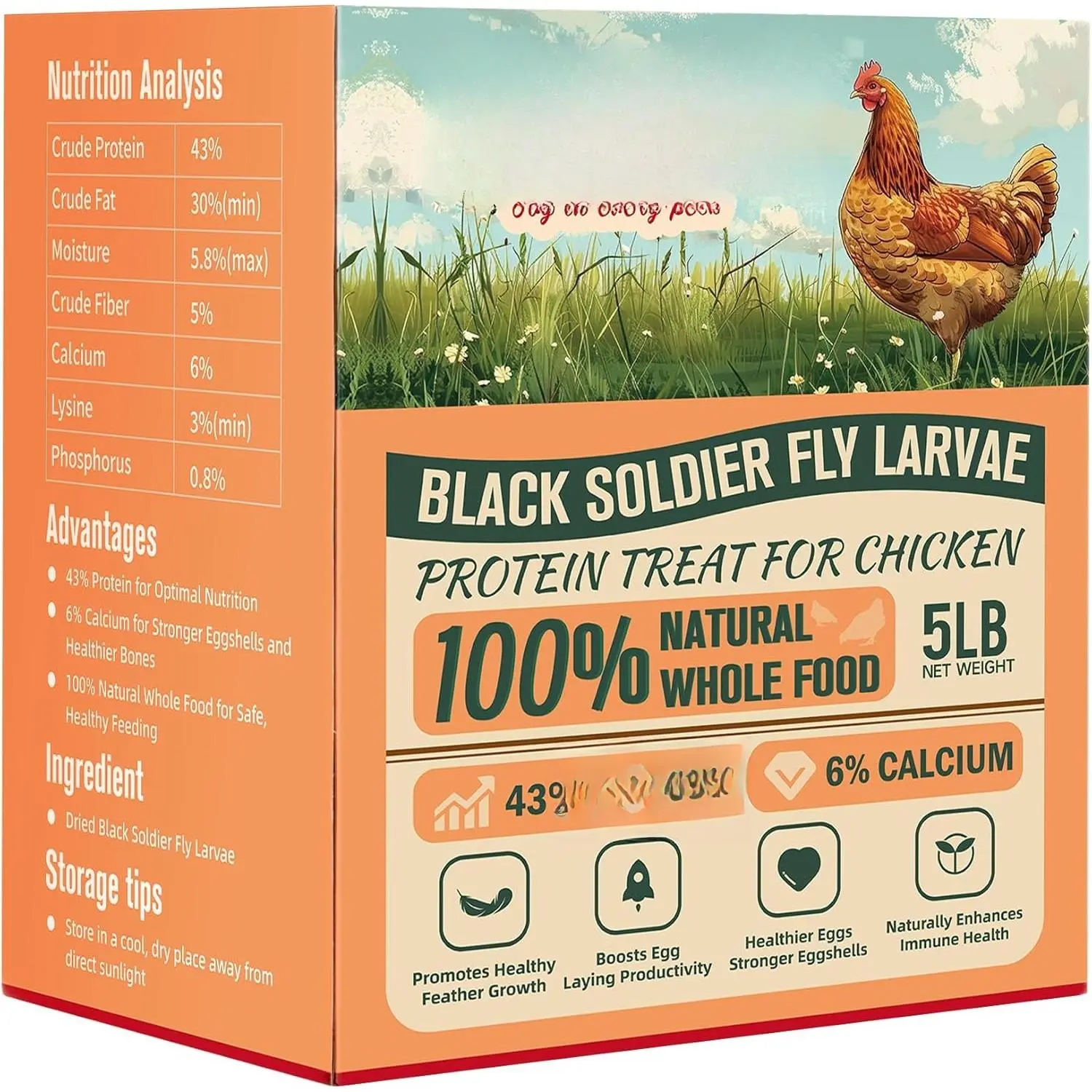 5LB Dried Black Soldier Fly Larvae Dry Food - 85X More Calcium Than Mealworms for Strong Eggshells, Healthy Growth - High-Protein Feed for Poultry, Farm Animals