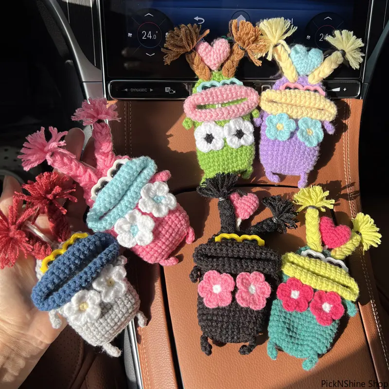 Aesthetic Keychain Kawaii Crocheted Animal Figure, Handmade Synthetic Yarn Key Protector with Drawstring Pouch for Car Remote, Crocheted Figure Keychain, Knitted Synthetic Yarn, Handmade Keychain