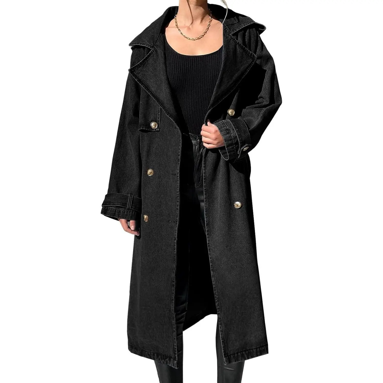 Imily Bela Essentials Women's Long Double Breasted Denim Jacket Oversized Button Down Maxi Jean Coat Classic Lapel Outercoat