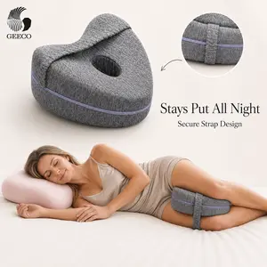 GEECO Knee Pillow for Side Sleepers with Strap, Memory Foam Leg Pillow with Cooling Washable Cover, Heart-Shaped Between Legs Cushion for Hip & Back Alignment, Grey