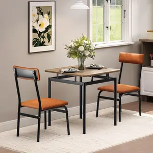 3 Piece Dining Table Set, Wooden Kitchen Table Set with 2 PU Upholstered Chair, Industrial Metal Frame Dinette Set for Dining Room, Home Dinner