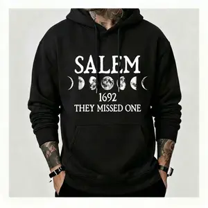 Salem 1692 Witch Hoodie They Missed One Slogan Print Sweatshirt | Goth Grunge Moon Phase Graphic Pullover | Oversized Y2K Streetwear Dark Aesthetic Halloween Top Gifts for Him