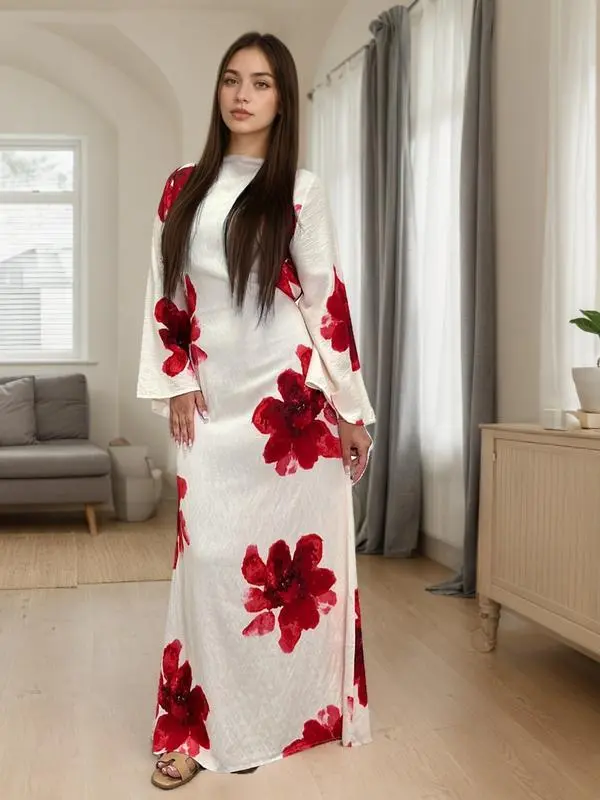 Women's Chic Floral Print Long-Sleeve Maxi Dress - Elegant Open-Front Sports Dress for Party, Wedding Guest, All-Season Ladies Sportswear (Gift)
