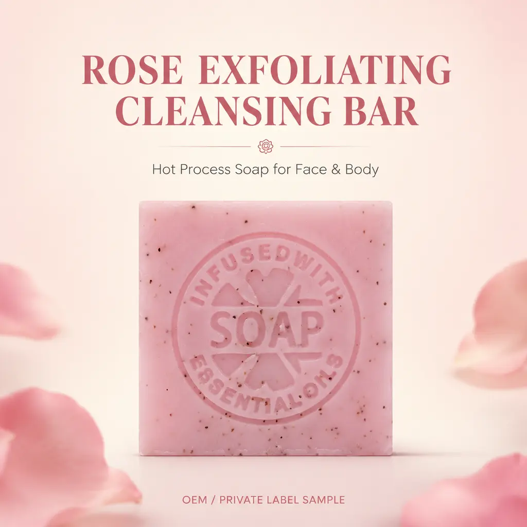 OEM Rose Exfoliating Cleansing Bar Sample - Hot Process Face & Body Care Soap, Custom Formula, Scent, Color, Logo, Packaging for Body Care & Wash Skin Needs