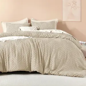 Khaki Queen Comforter, 3 Tufted Boho Farmhouse Comforter Sets, Lightweight Fluffy Comforter for (90x90In Comforter and 2 Pillowcases)