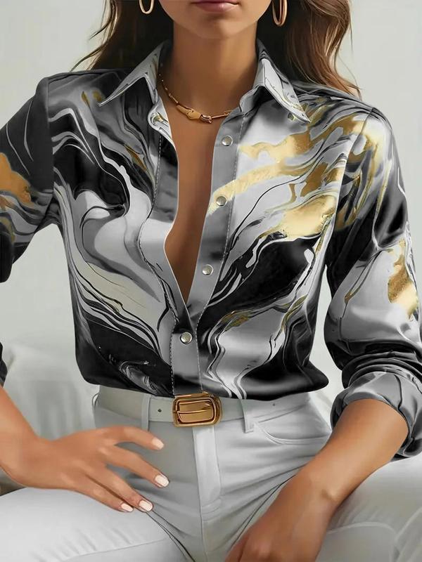 Women's Random Print Curved Hem Satin, Casual Long Sleeve Button Front Collared Blouse Top for Daily Wear, Ladies Clothes for All Seasons