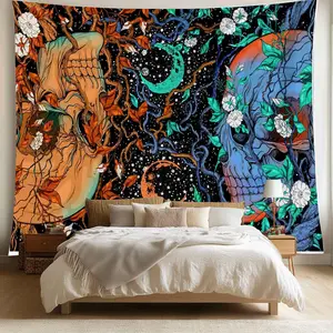 Skull & Moon & Plant Pattern Tapestry, Fantasy Flower Plant Tapestry, Novelty Tapestry, Wall Hanging Home Decor for Living Room Bedroom, Mandala Skull Printed